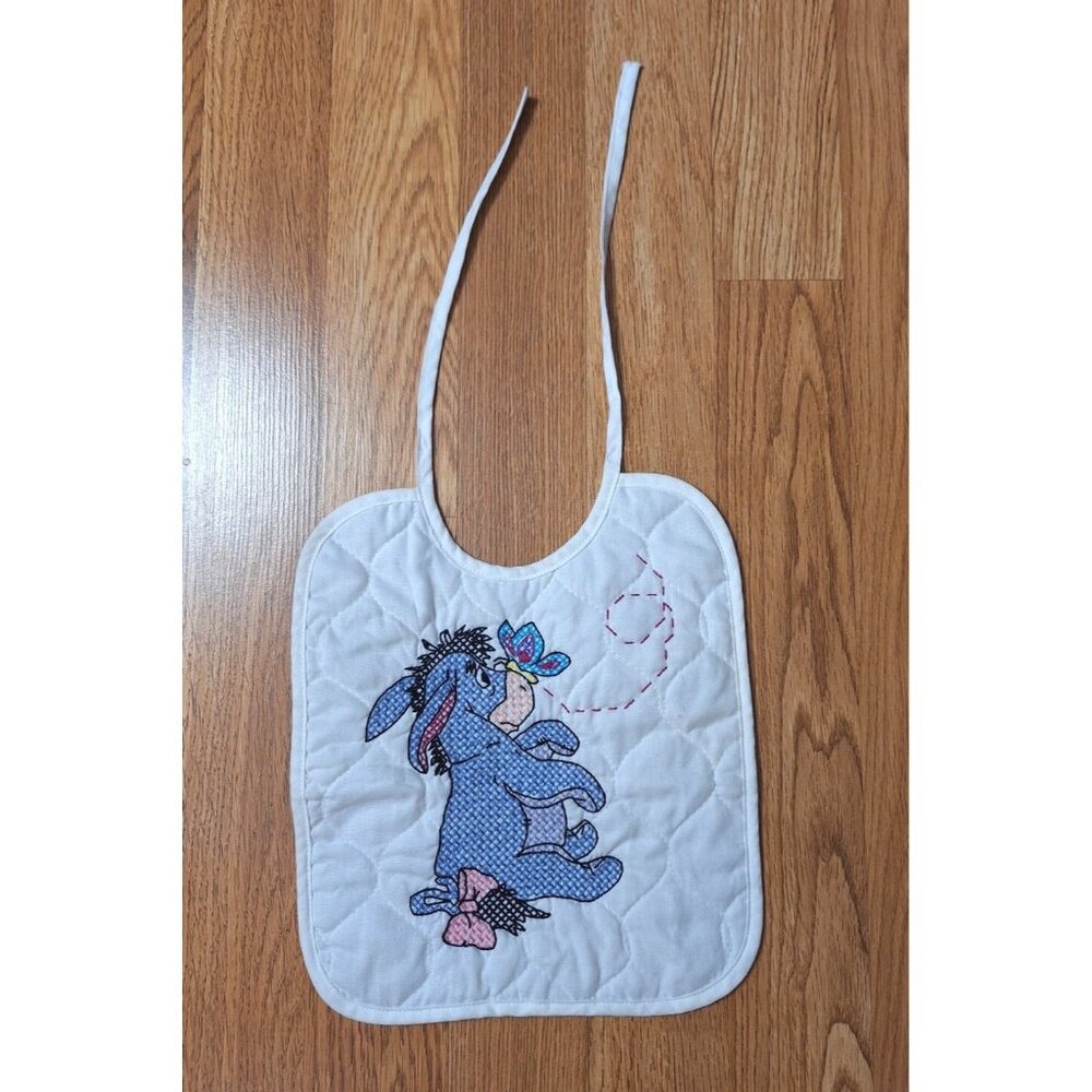 Nancy Christenson Eeyore Donkey Winnie-the-Pooh Hand Cross Stitch White Baby Bib